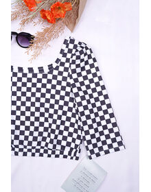 Round Neck Half Sleeve Waistband Checkered Top (White + Black)